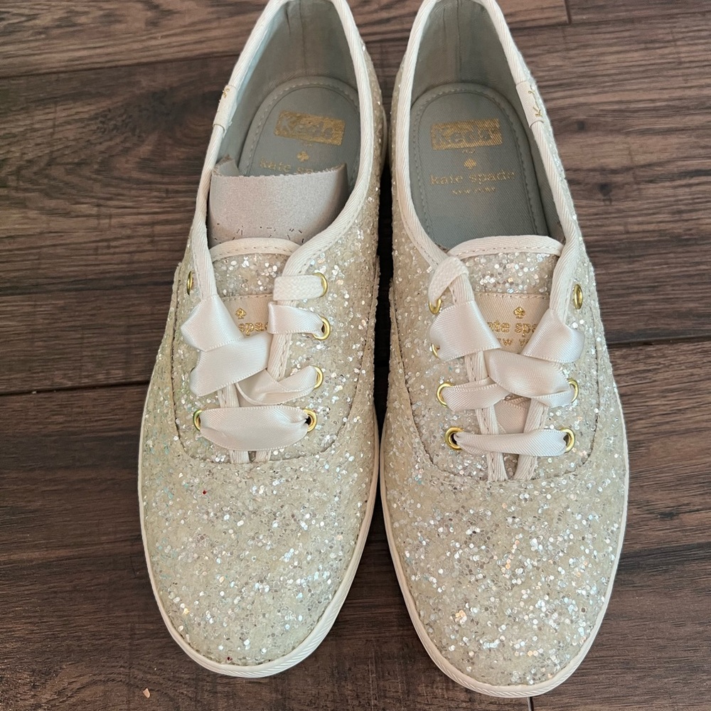kate spade Glitter Satin Ribbon Sneakers in Ivory
